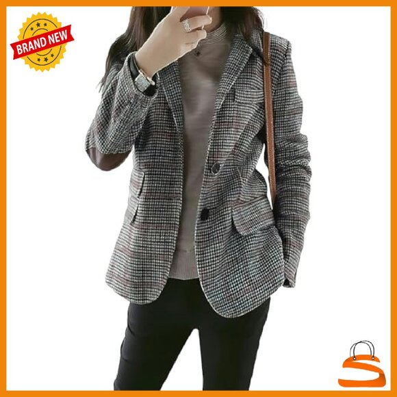 Wool Plaid Blazer Slim Fit Notched Lapel Elbow Patch Jacket - Picture 2 of 4